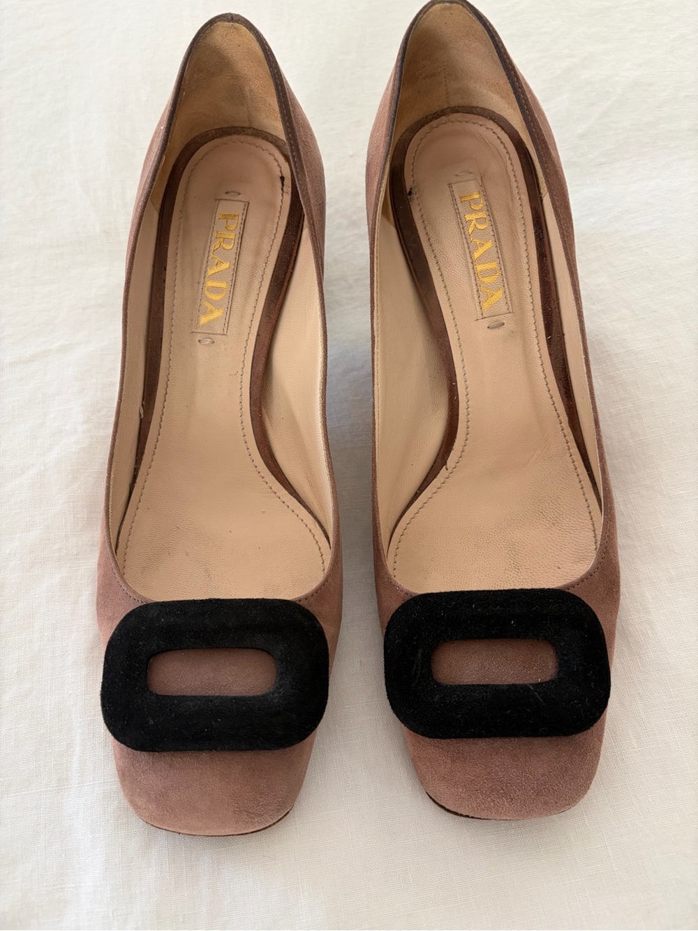 PRADA Suede Block-Heel Pumps in Taupewith Black Accent